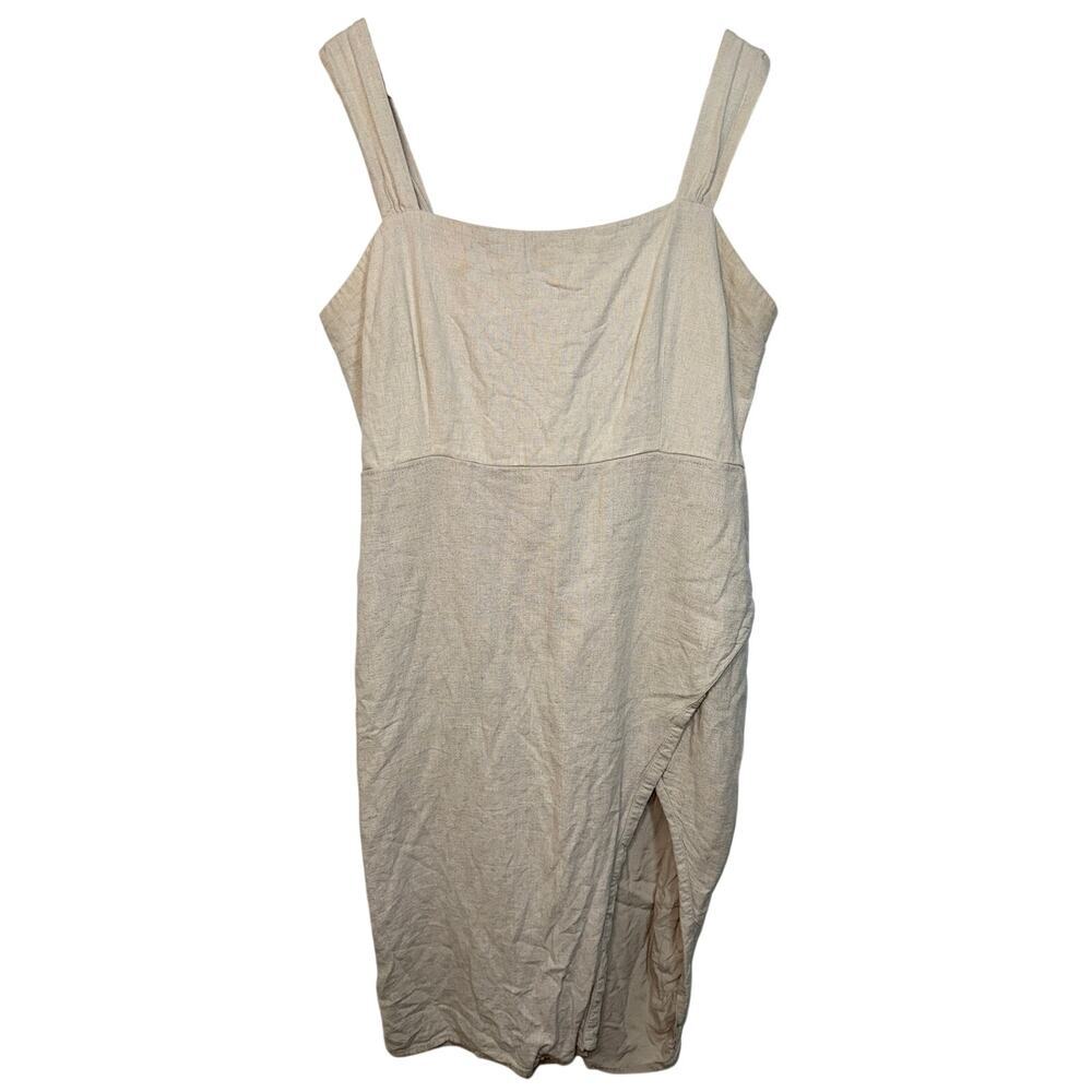 Abercrombie & Fitch Cream Tan Linen Smocked Slit Mini Dress Womens Size L Tall